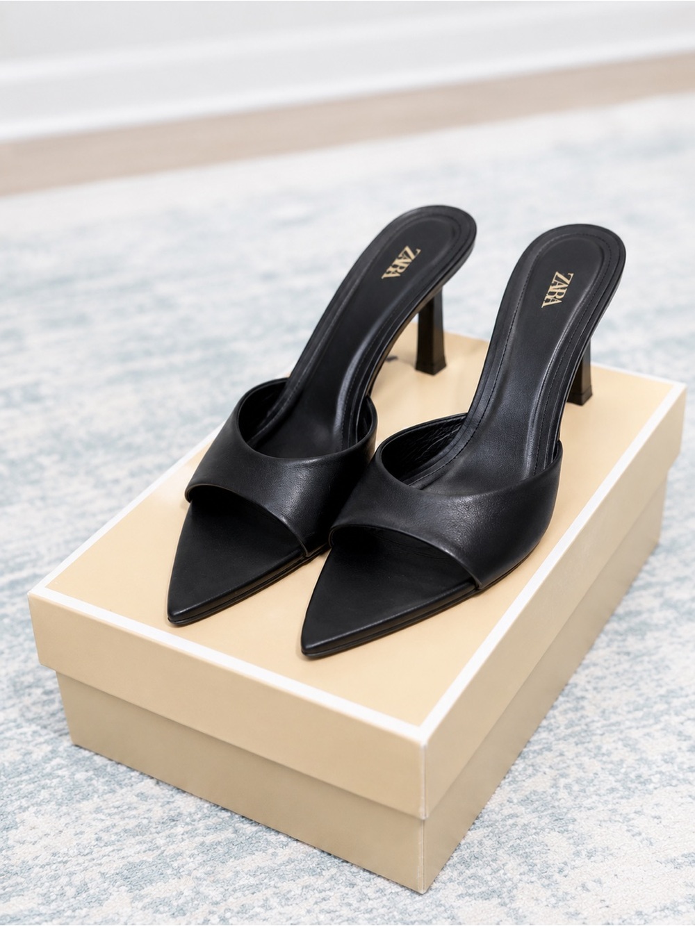Zara Black Pointed Open-Vamp Mule Heels